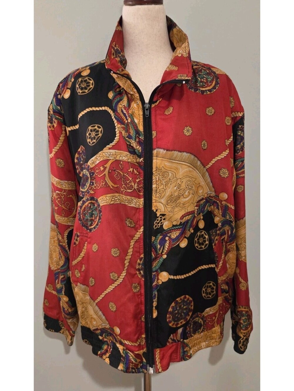 Signature Small Red Gold Silk Bomber Jacket Vintage 80s 90s Chains Ropes